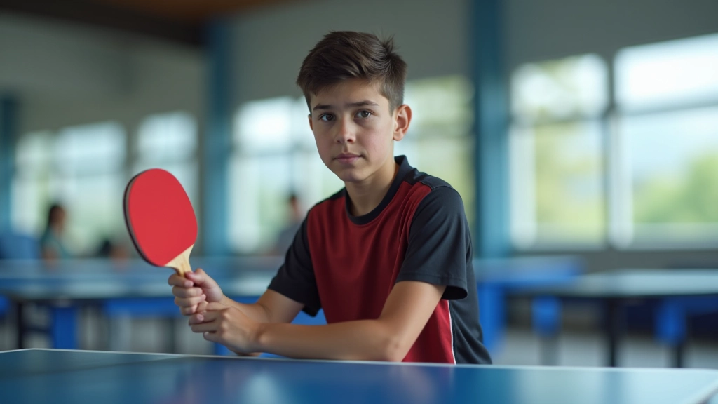 لاعب شاب يقوم بتمرين المسك الثابت للمضرب في بيئة تدريب احترافية